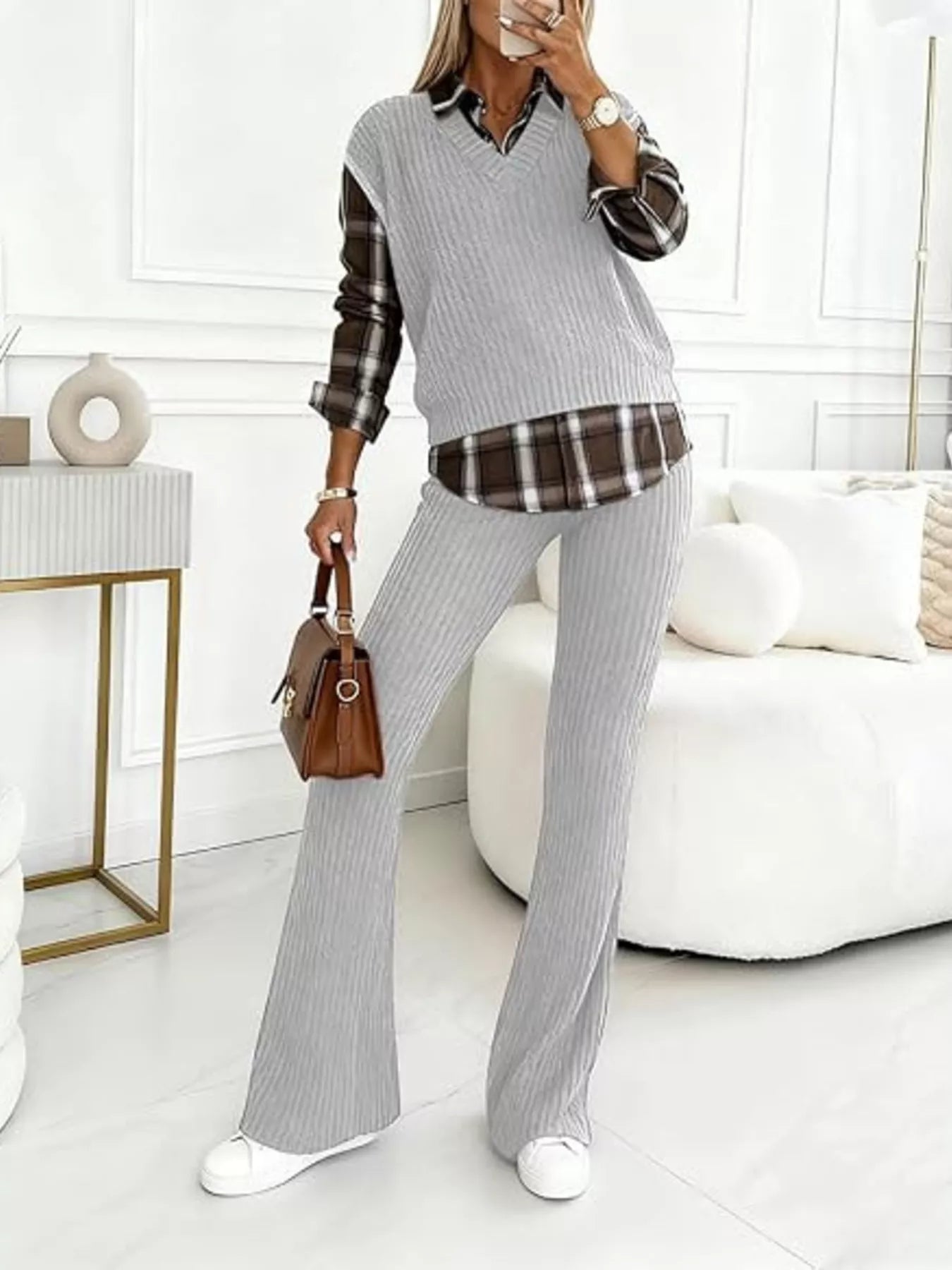 Ribbed Knit Plaid Sleeve Top & Pants Set