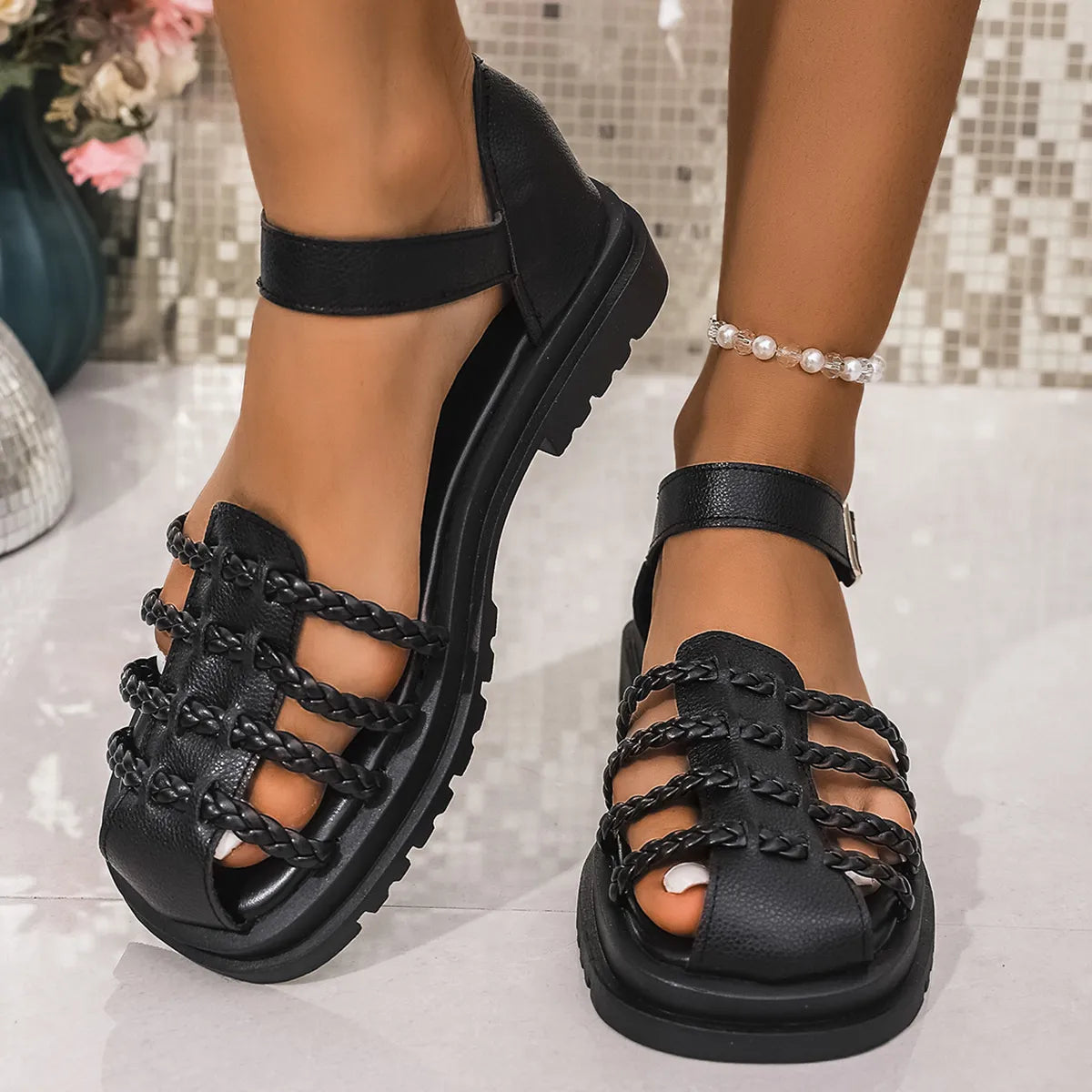 Braided Ankle Strap Sandals