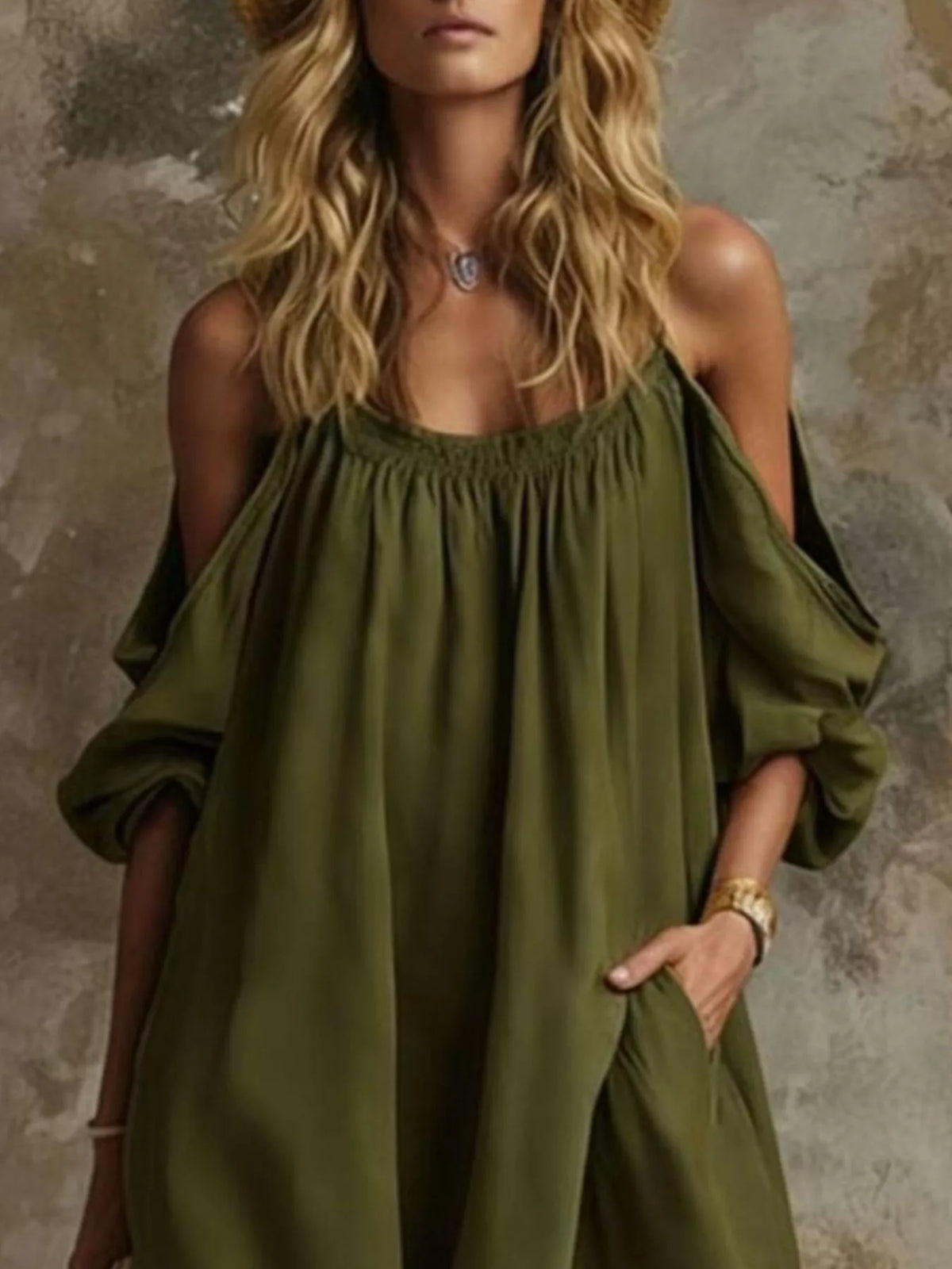 Full Size Cold-Shoulder Linen Maxi Dress Plus Size