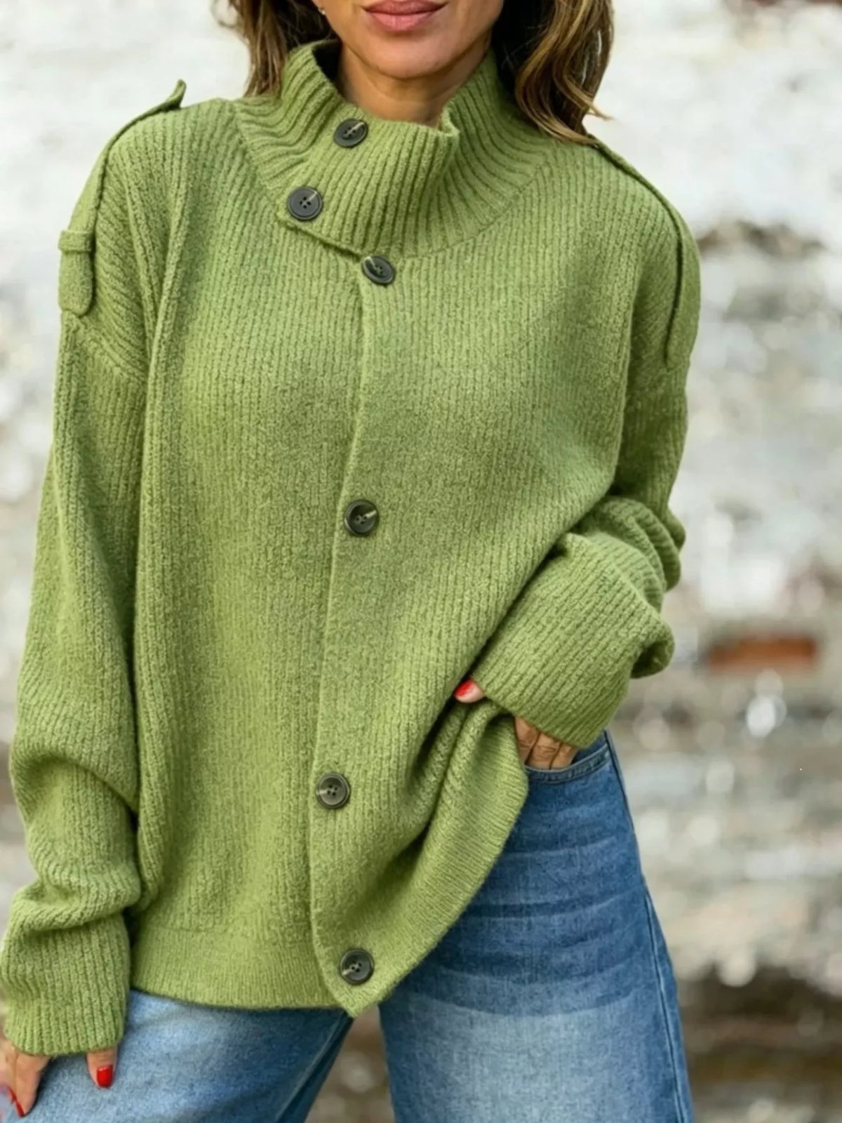 Full Size Button-Up Mock Neck Cardigan Plus Size