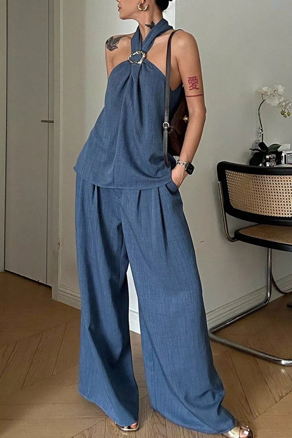 Halter Neck Top and Wide-Leg Pants Set
