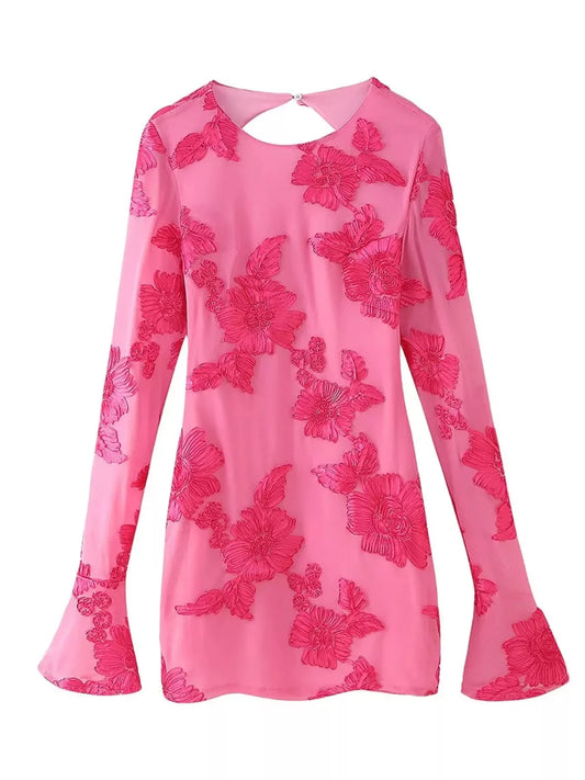 Backless Floral Flounce Sleeve Dress