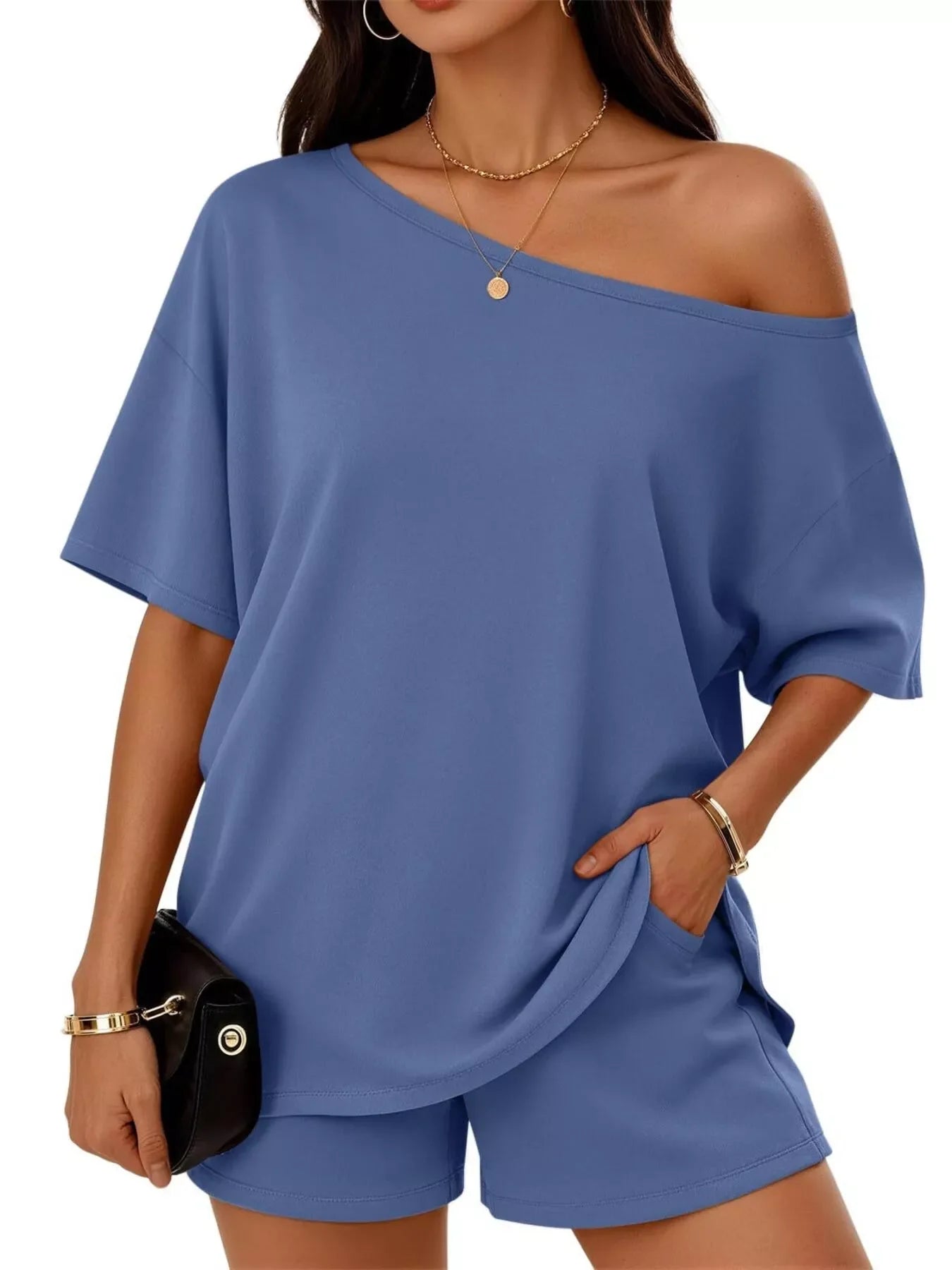 One-Shoulder Short Sleeve Top and Shorts Set