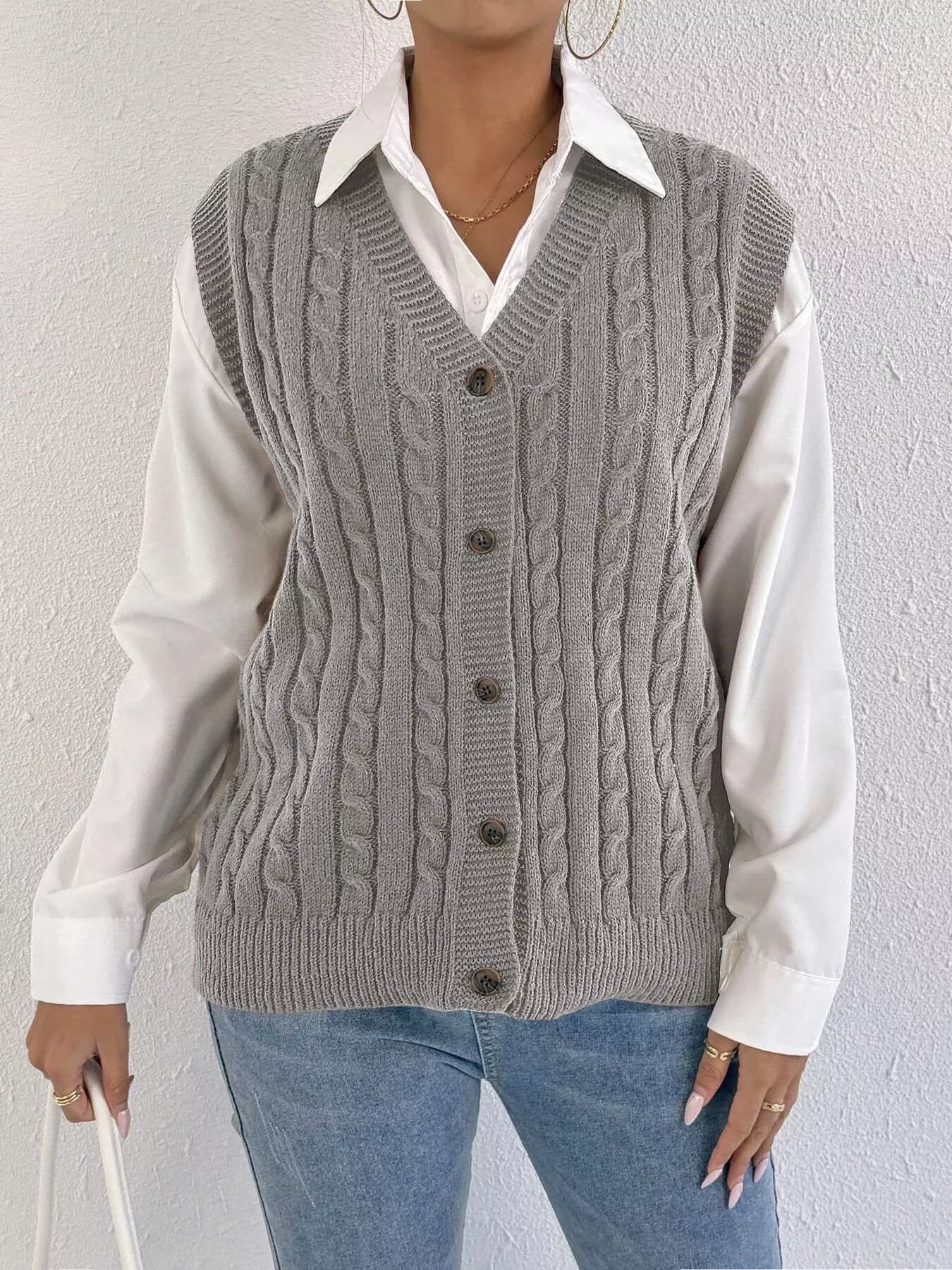 Cable-Knit Button-Up Sweater Vest