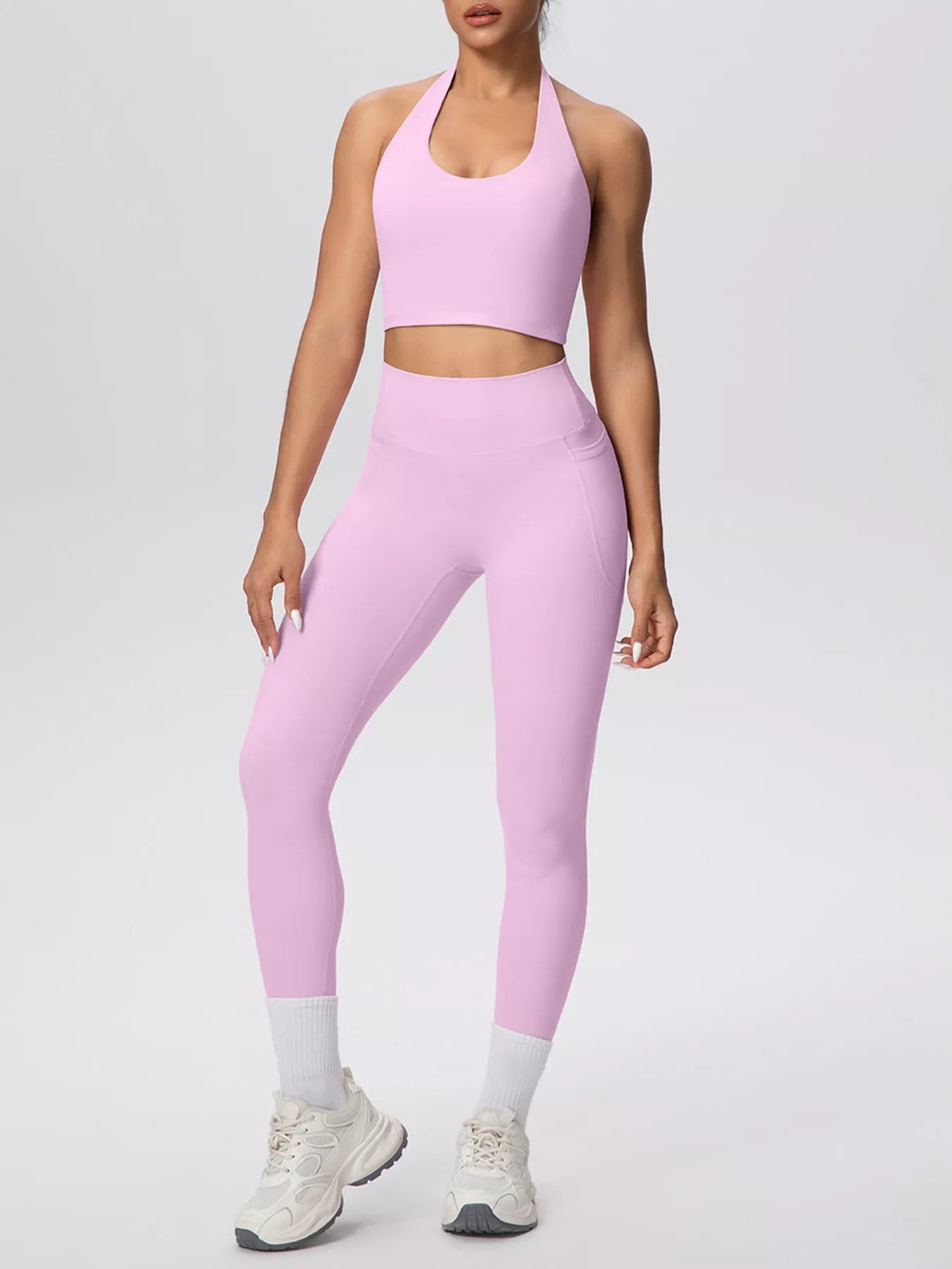 Halter Neck Crop Top and High-Waisted Leggings Active Set