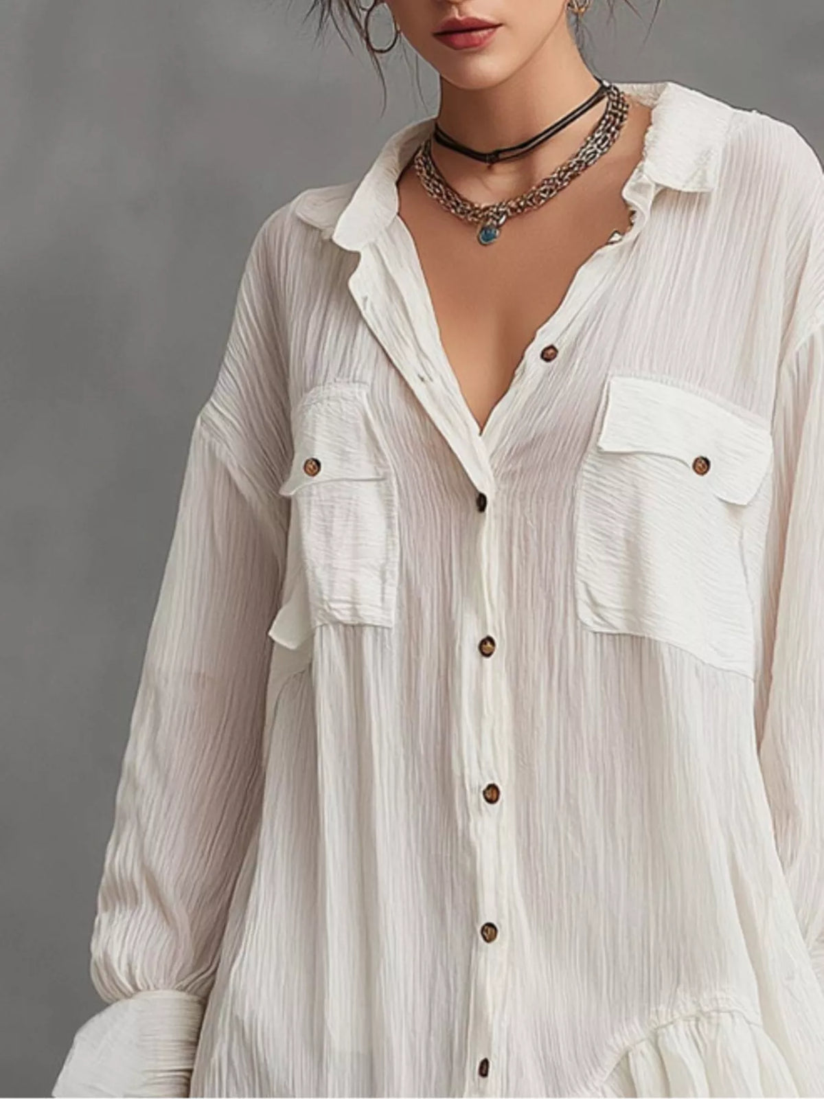 Full Size Button-Down Ruffle Hem Shirt Dress Plus Size