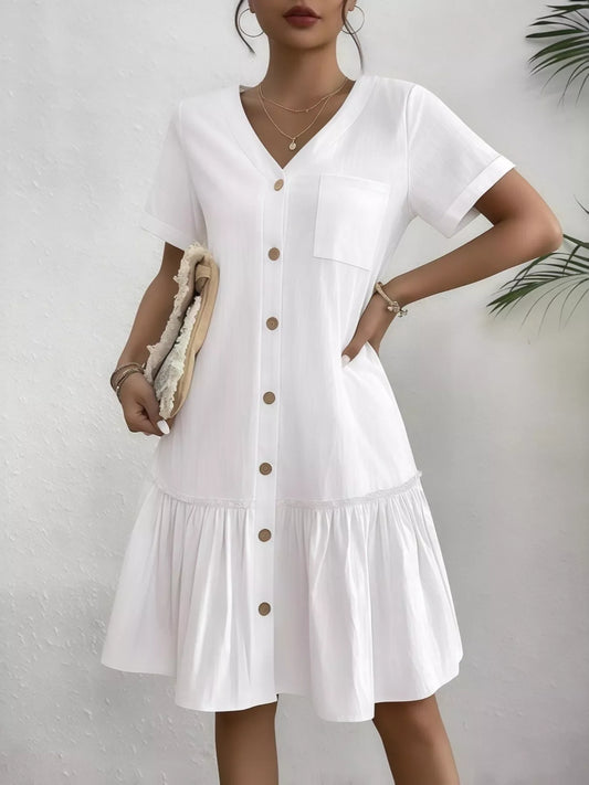 Full Size Button-Front Short Sleeve Tiered Dress Plus Size