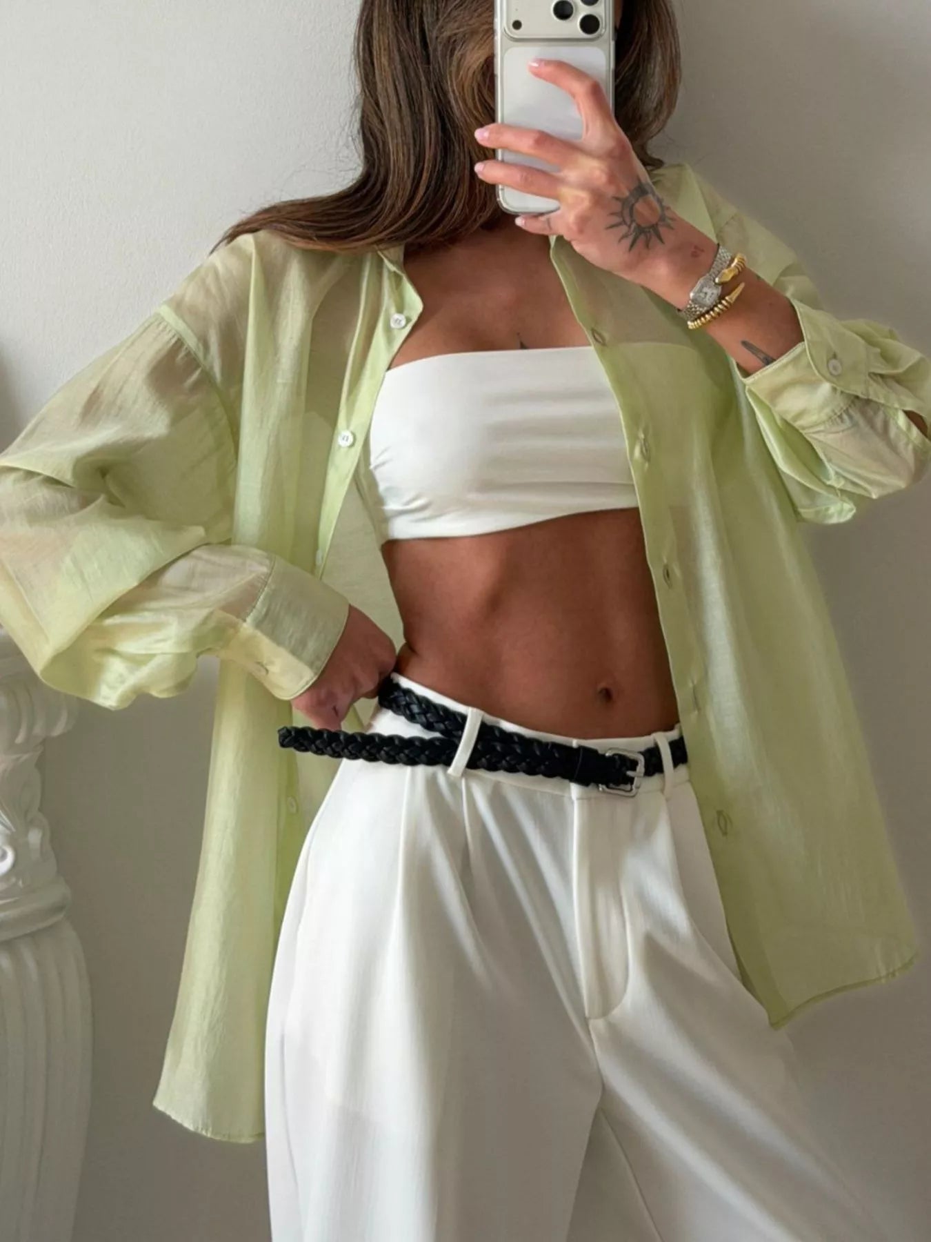 Sheer Oversized Button-Up Shirt