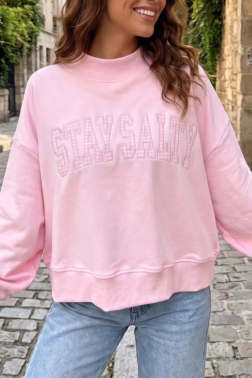 Embroidered Long Sleeve Stand Neck Shift Pullover Sweatshirt