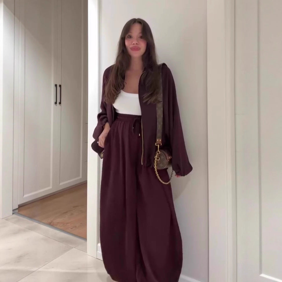 Flip Collar Long Sleeve Jacket & Pants Two-Piece Set
