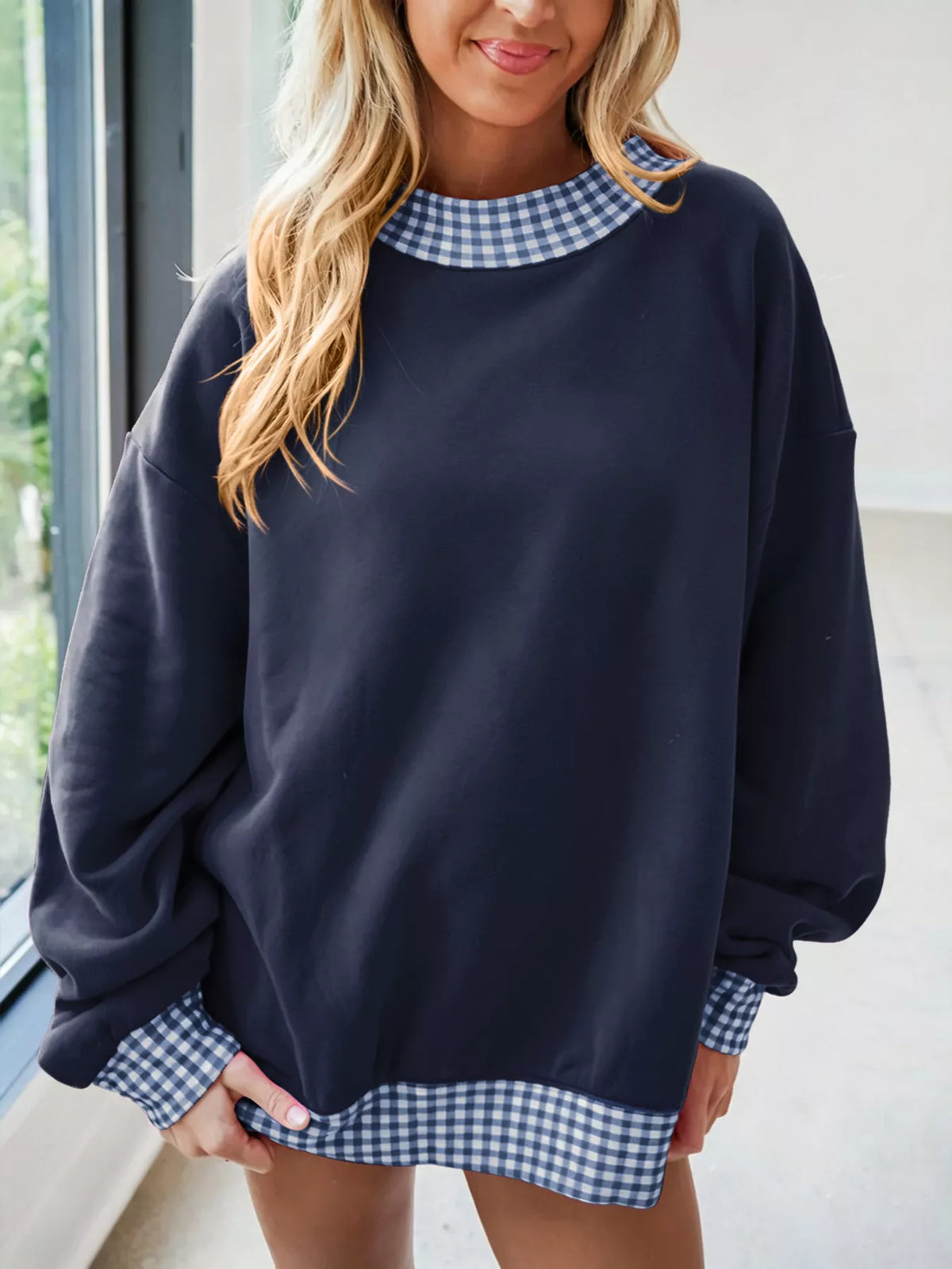 Gingham Trim Dropped Shoulder Sweatshirt