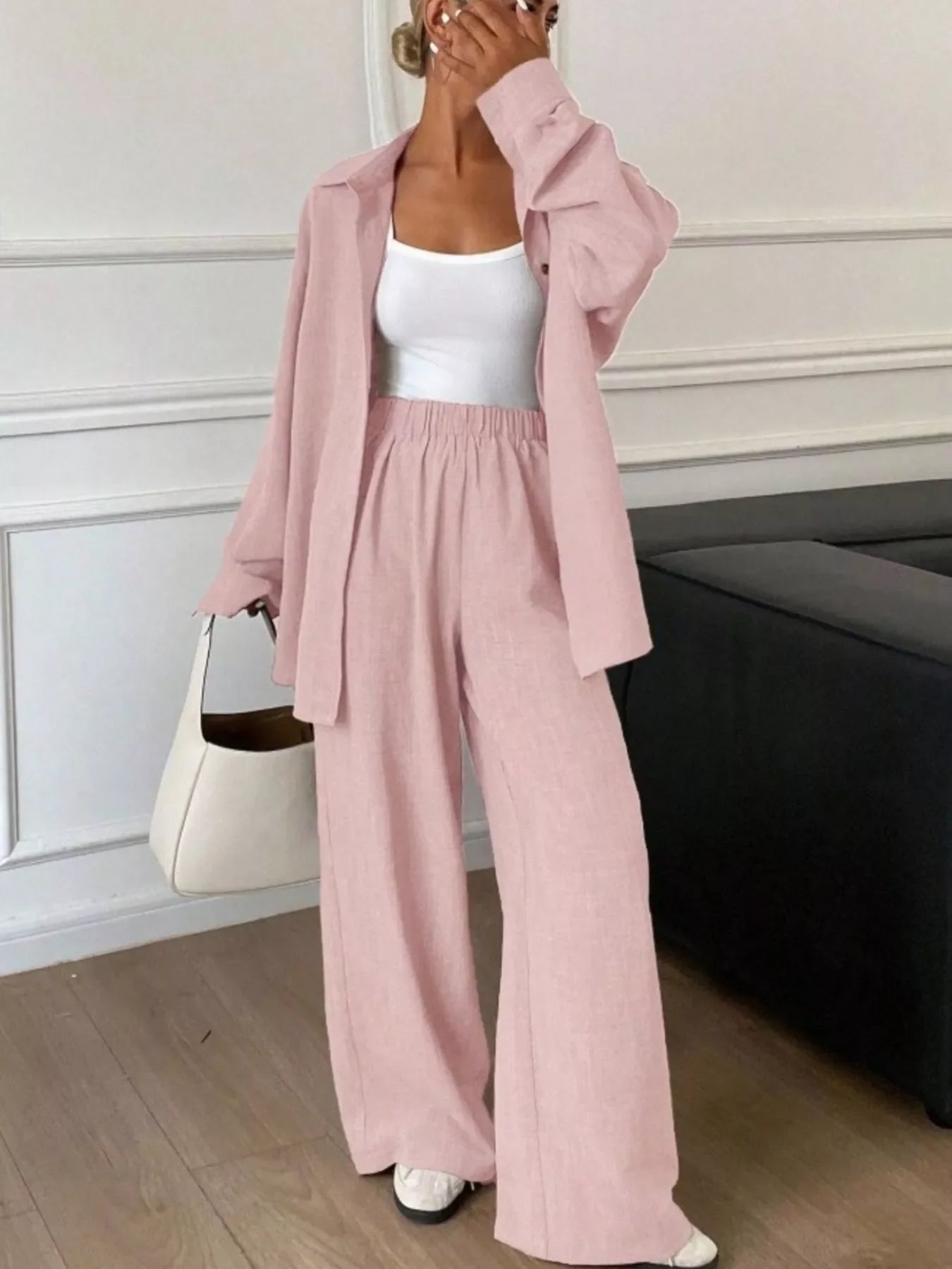 Button-Down Shirt and Wide-Leg Pants Set