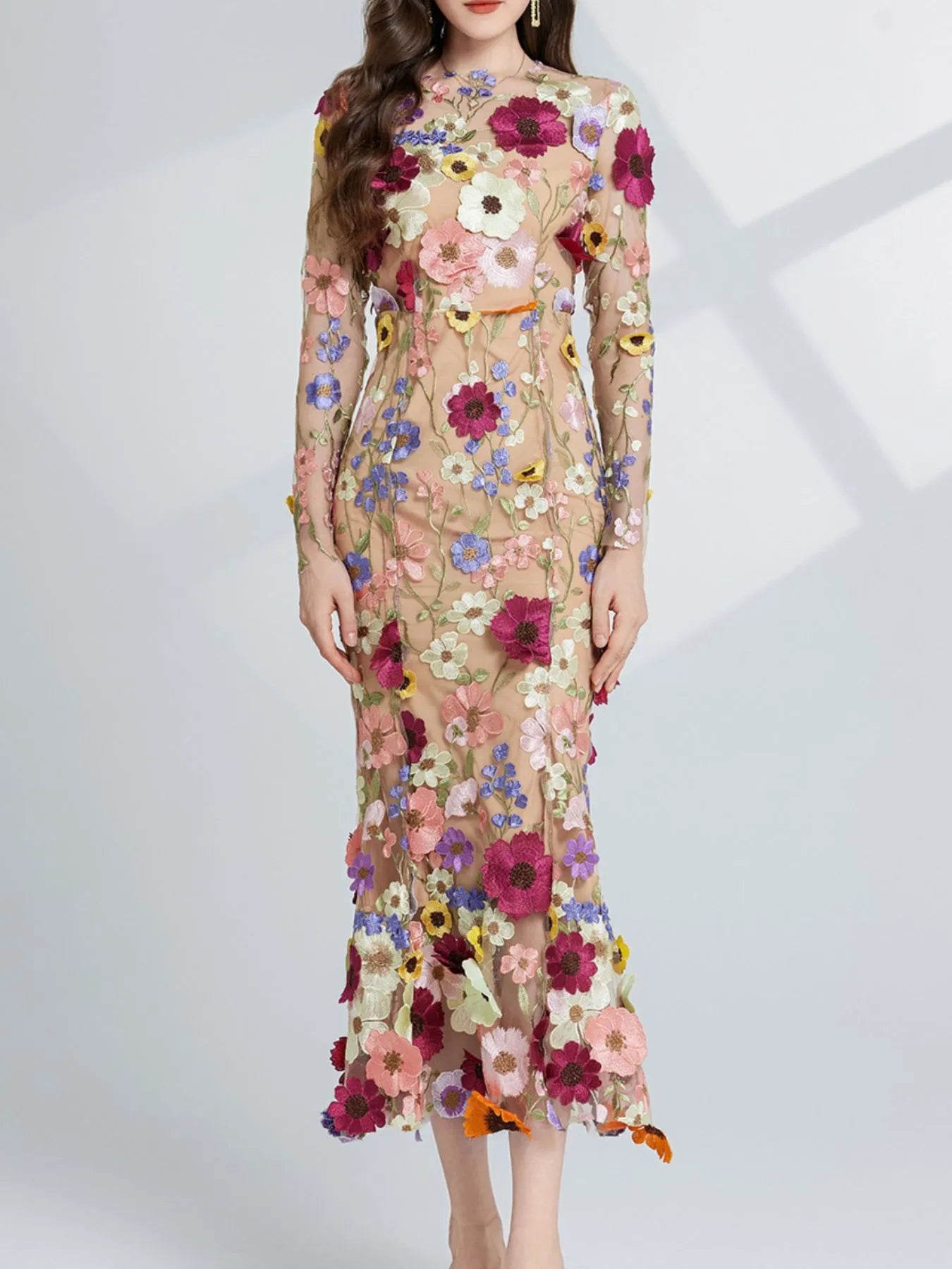 Floral Embroidered Mesh Long Sleeve Midi Dress