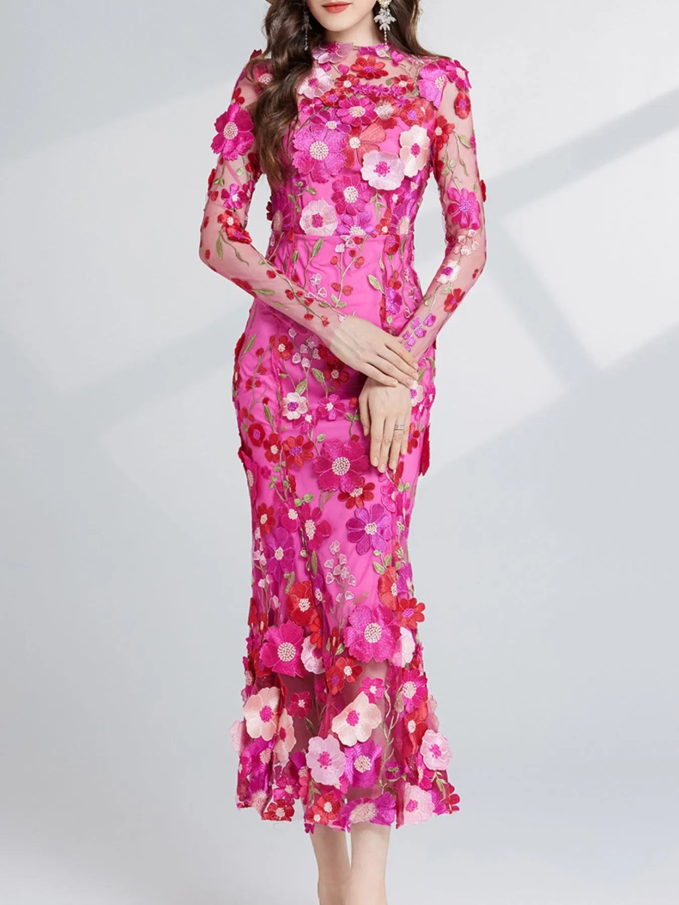 Floral Embroidered Mesh Long Sleeve Midi Dress