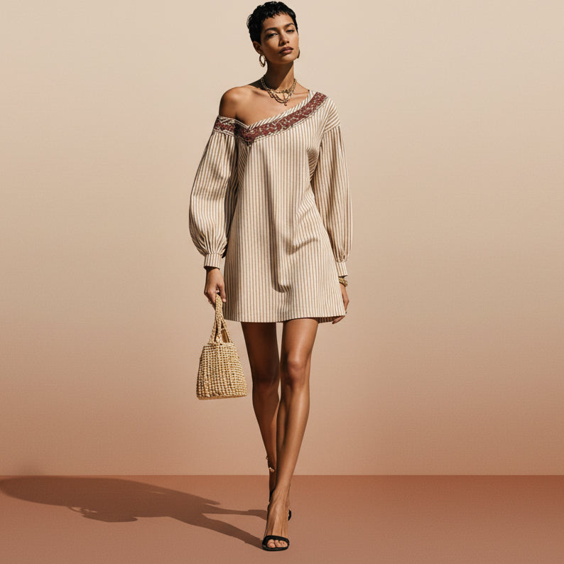 Women's Striped One-Shoulder Embroidered Mini Dress
