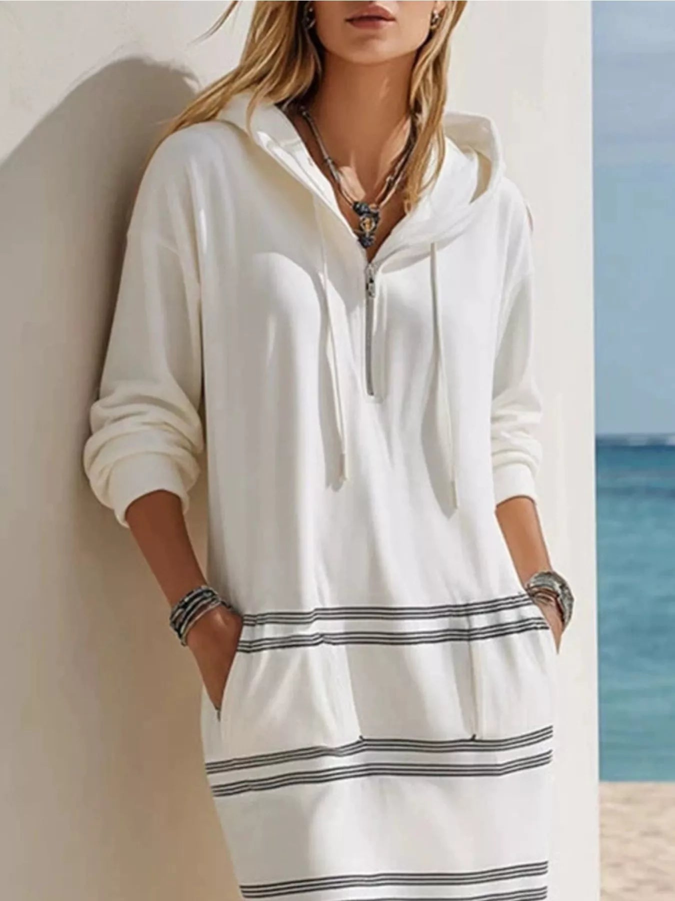 Casual Striped Drawstring Hooded Dress