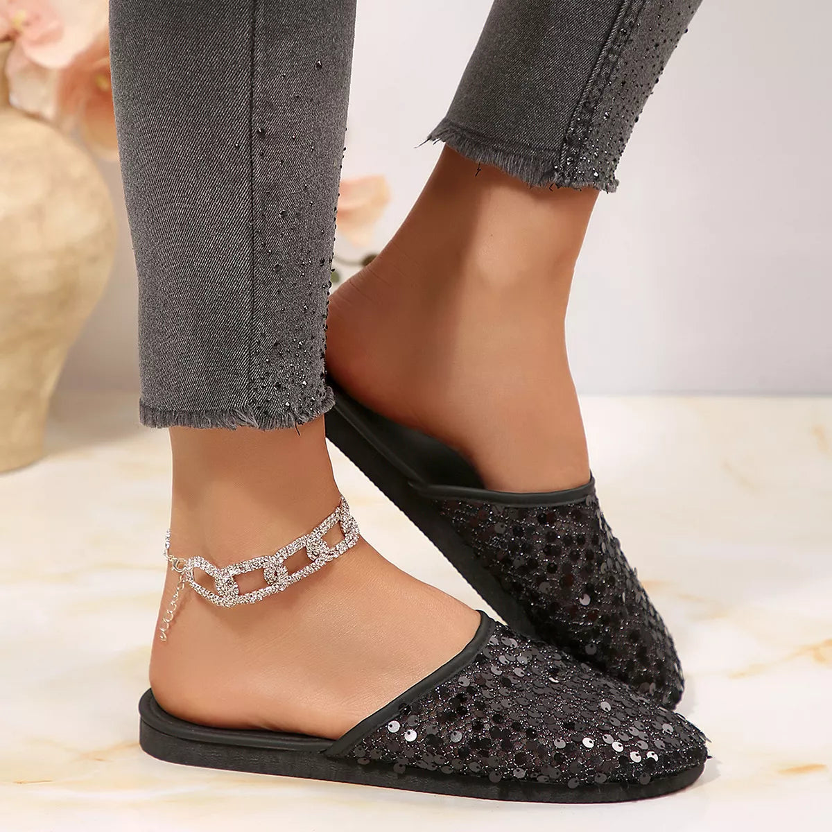 Round Toe Sequin Sandals
