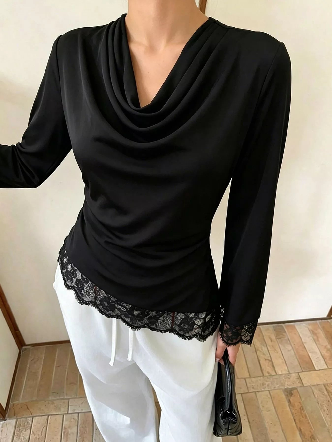 Lace Trim Cowl Neck Blouse