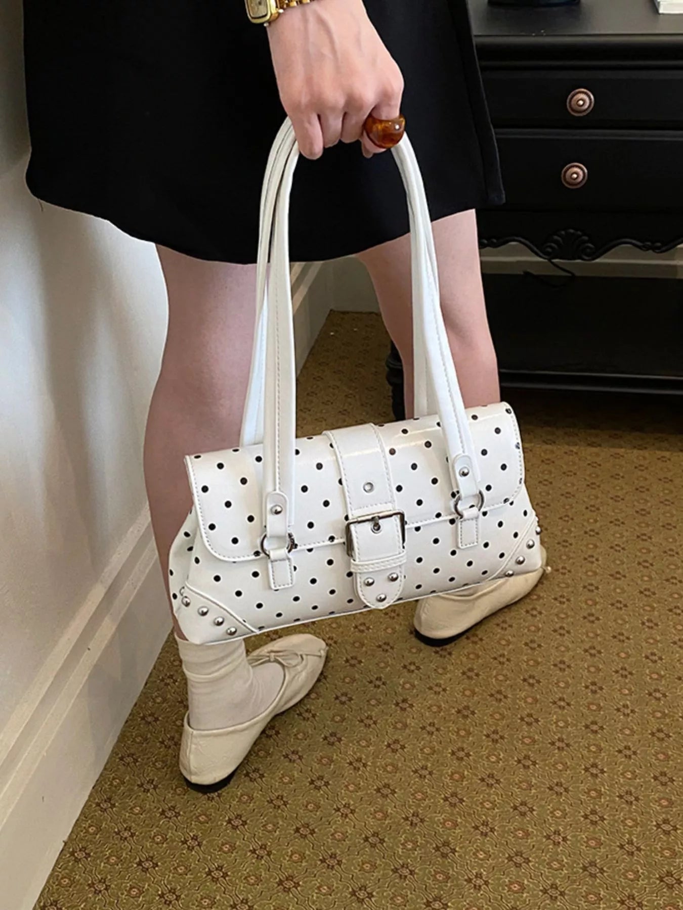 Polka Dot Studded Shoulder Bag