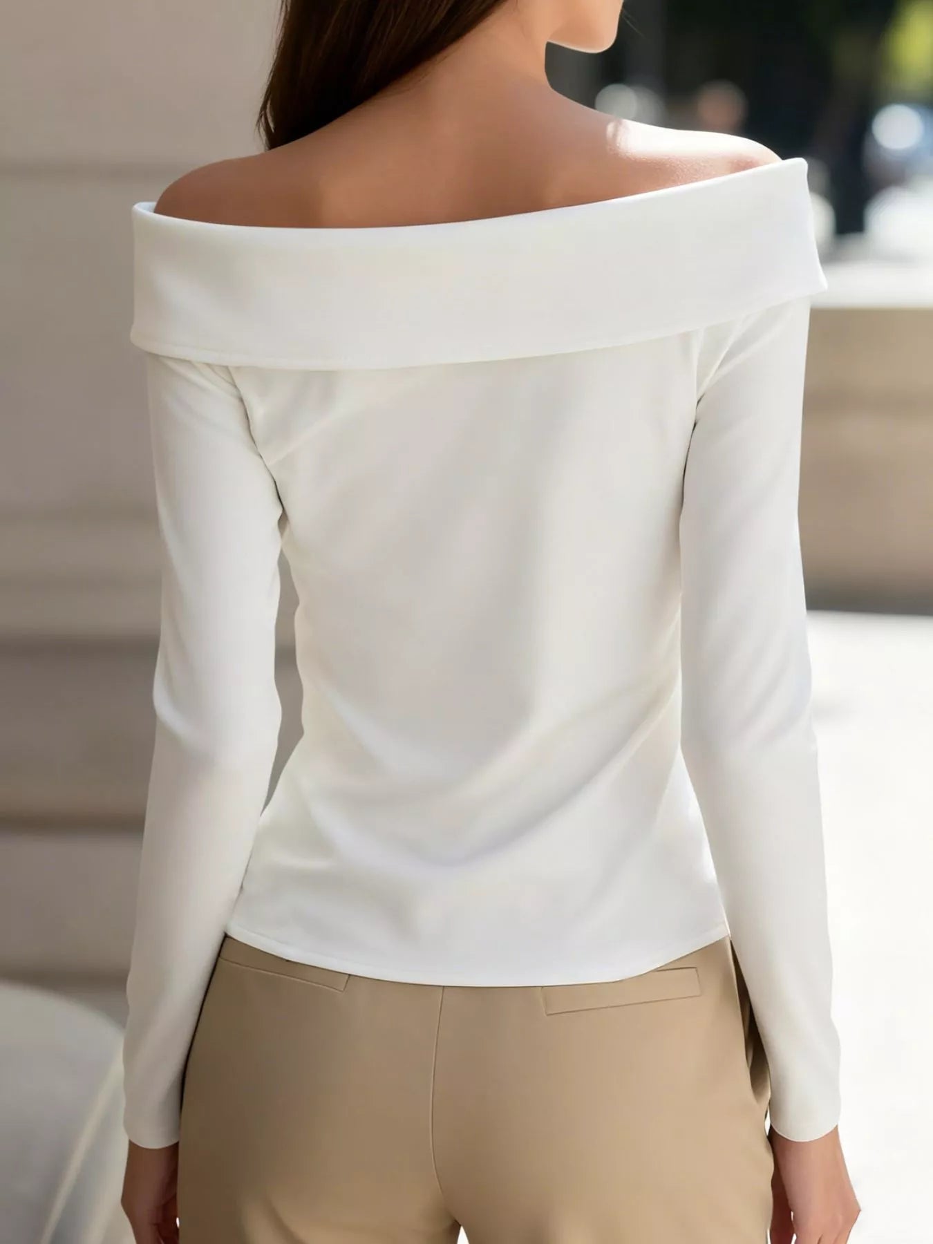 Elegant Off-the-Shoulder Blouse with Decorative Buttons