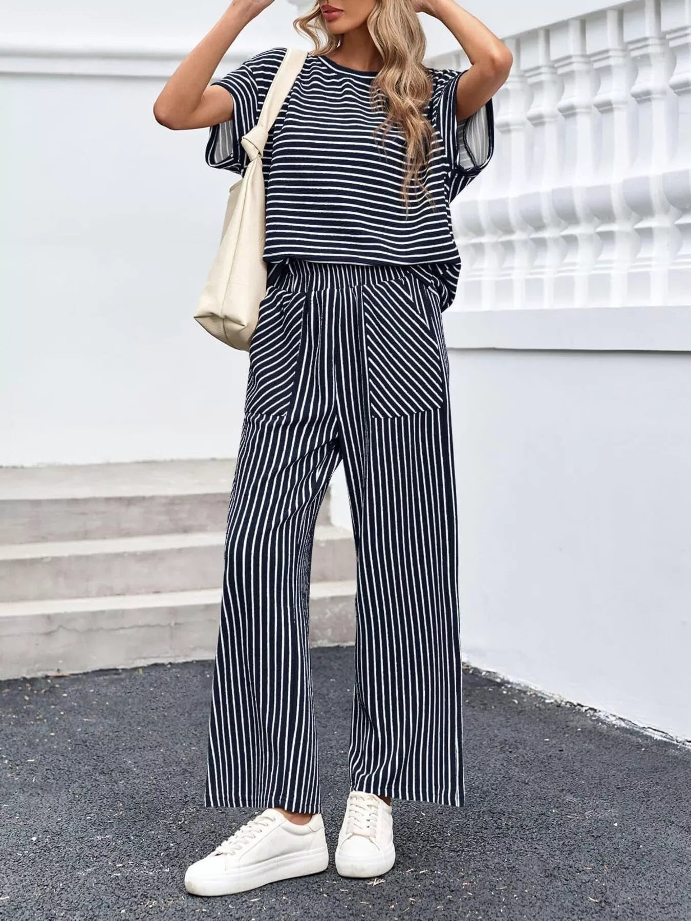 Casual Striped Short Sleeve Top and Wide Leg Pants Two-Piece Set