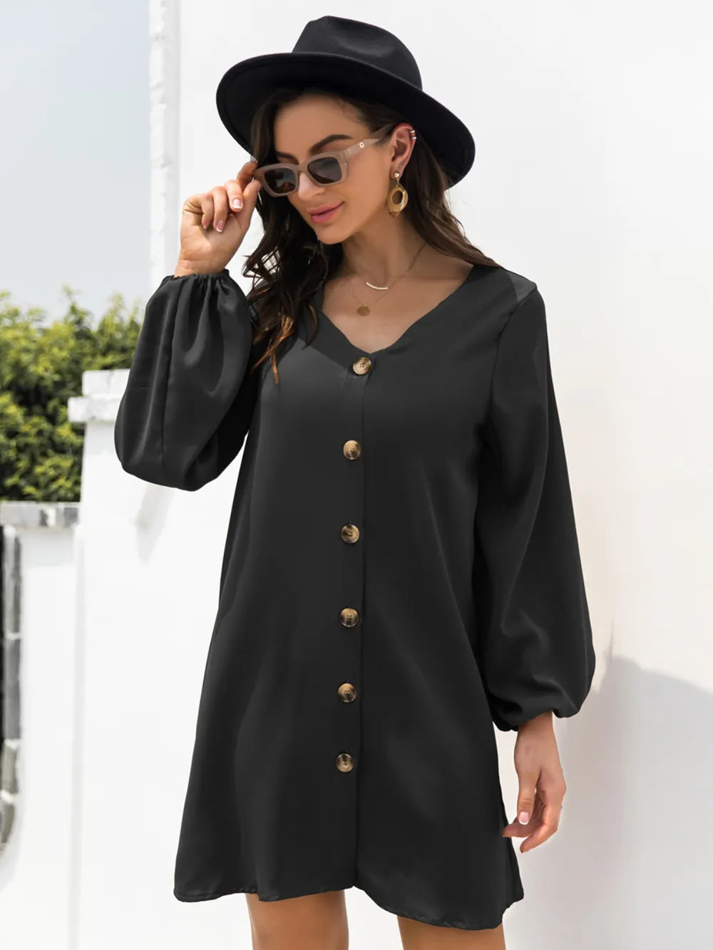 V-Neck Long Sleeve Mini Dress