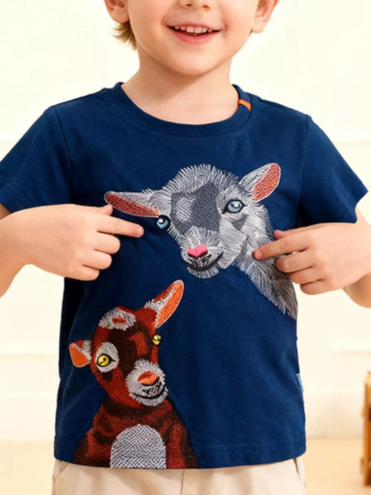 Children's Embroidered Goat Round Neck Tee