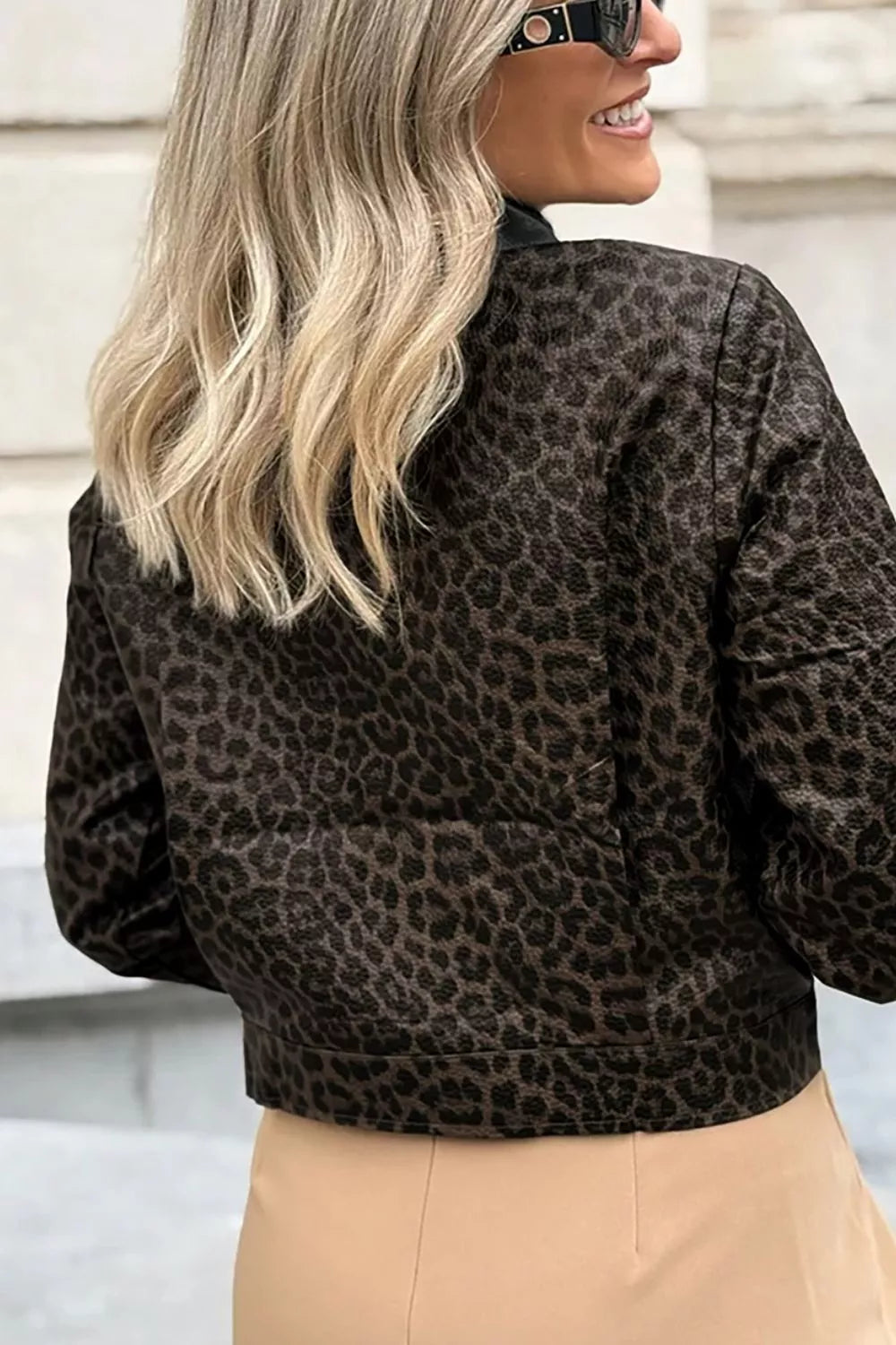 Leopard Print Cropped Faux Leather Jacket with Utility Pockets