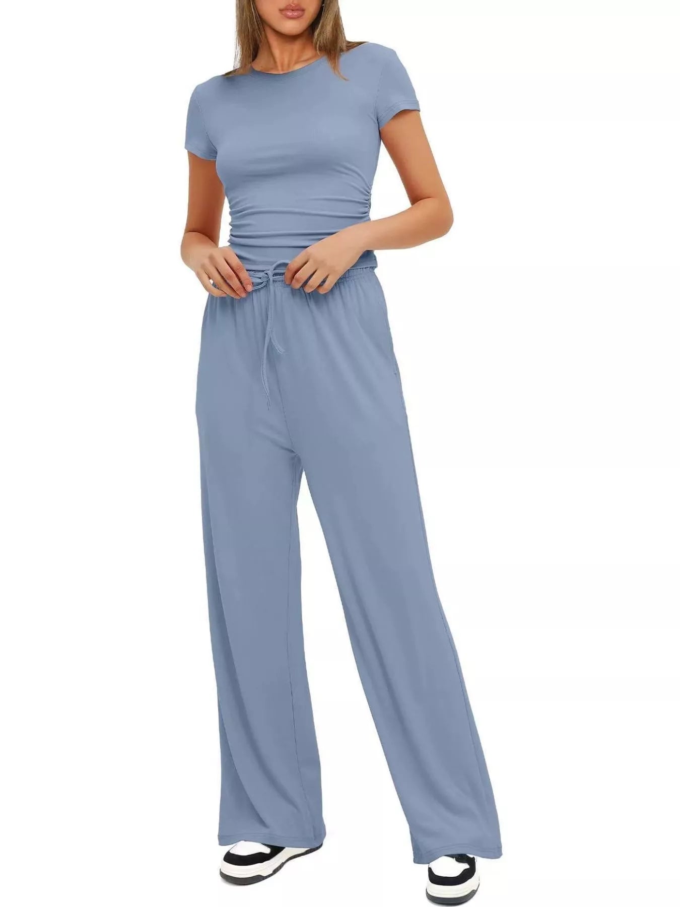 Round Neck Short Sleeve Top and Pants Set