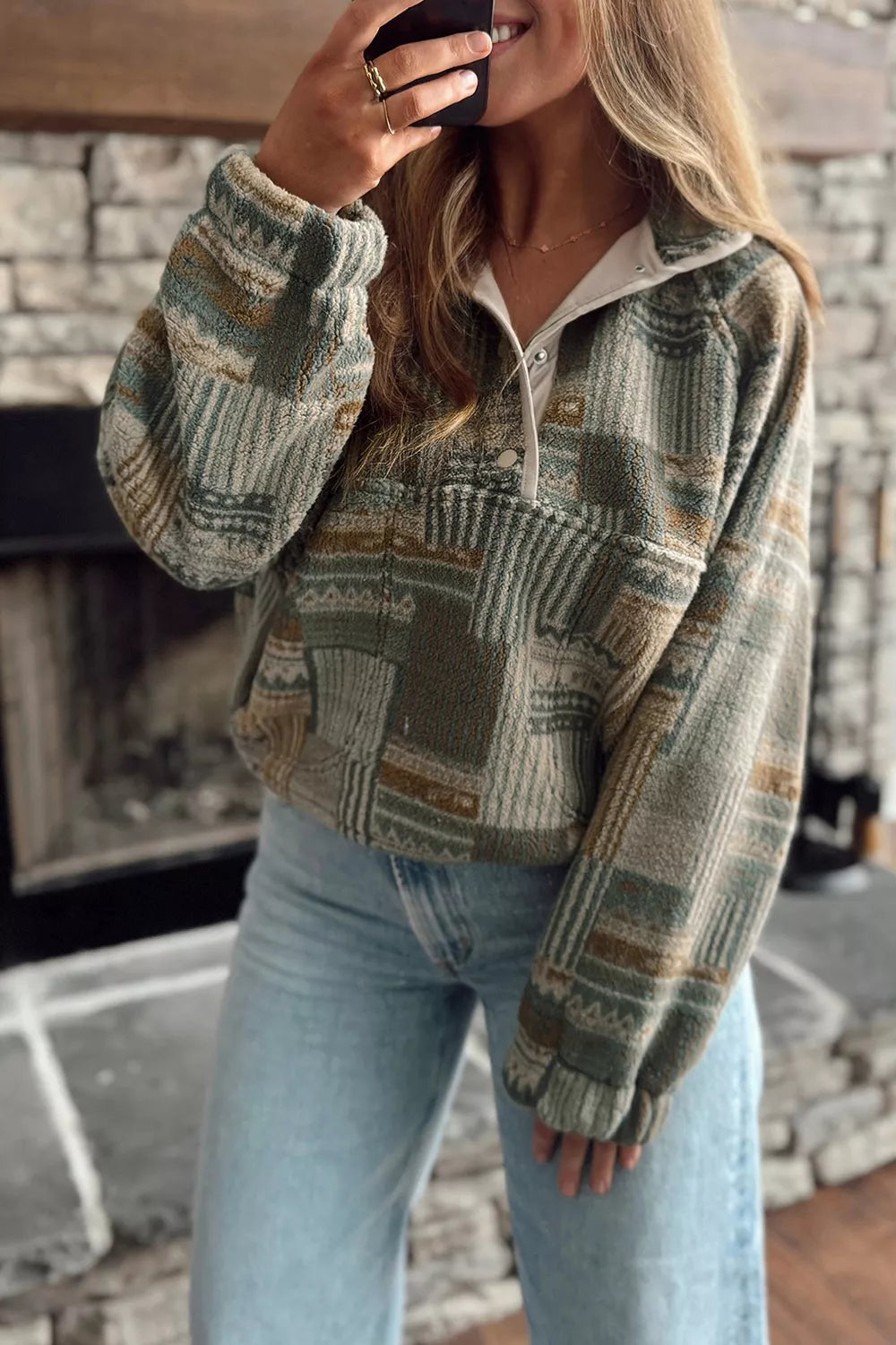 Western Print Fleece Long Sleeve Casual Fit Sweatshirt