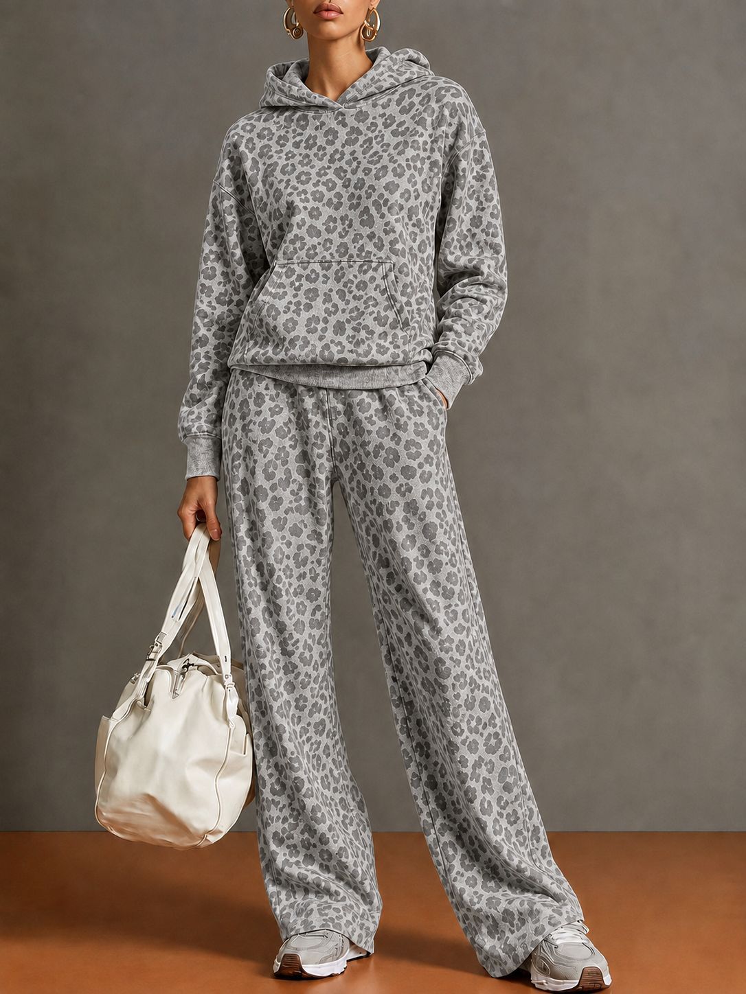 Women's Leopard Print Hoodie & Wide-Leg Pants Two-Piece Set