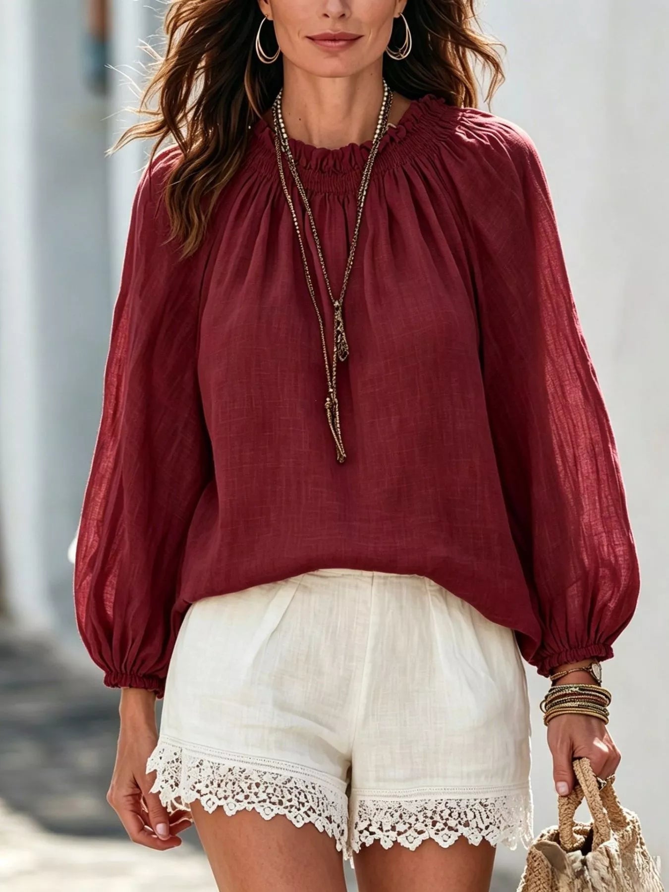 Round Neck Balloon Sleeve Blouse