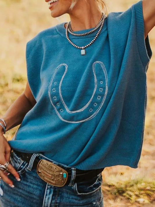 Horseshoe Graphic Round Neck Short Sleeve Sweater