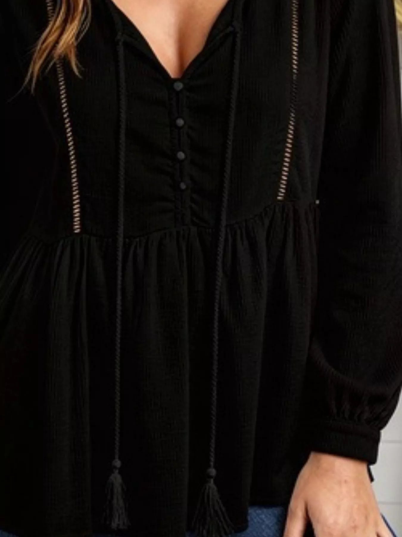 Tassel Drawstring Long Sleeve Peplum Top