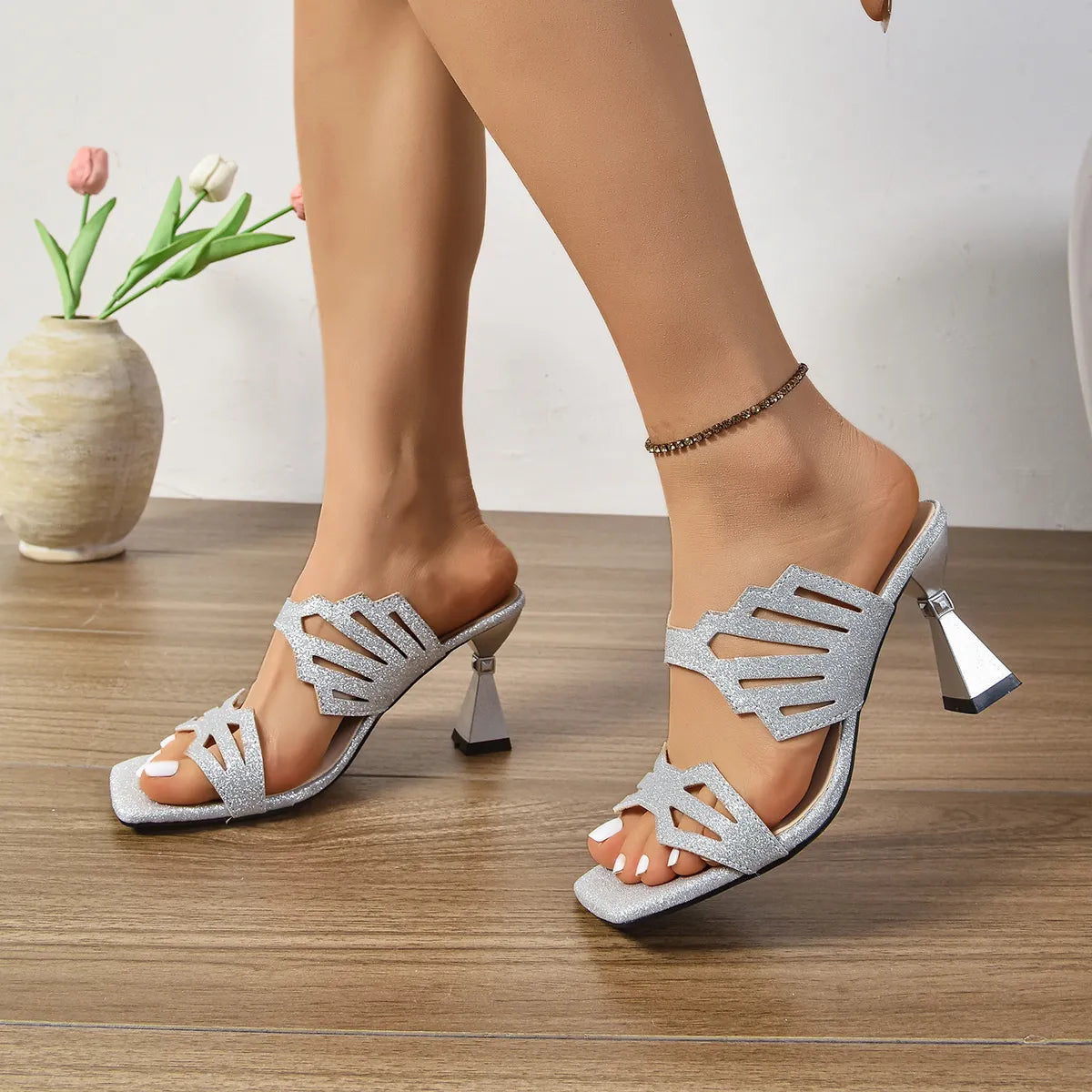 Open Toe Flare Heels Sandals
