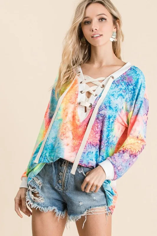 BiBi Tie Dye Deep V-neck Top With Lace Up Front