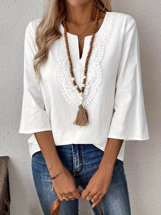 Lace Detail Notched 3/4 Sleeve Blouse