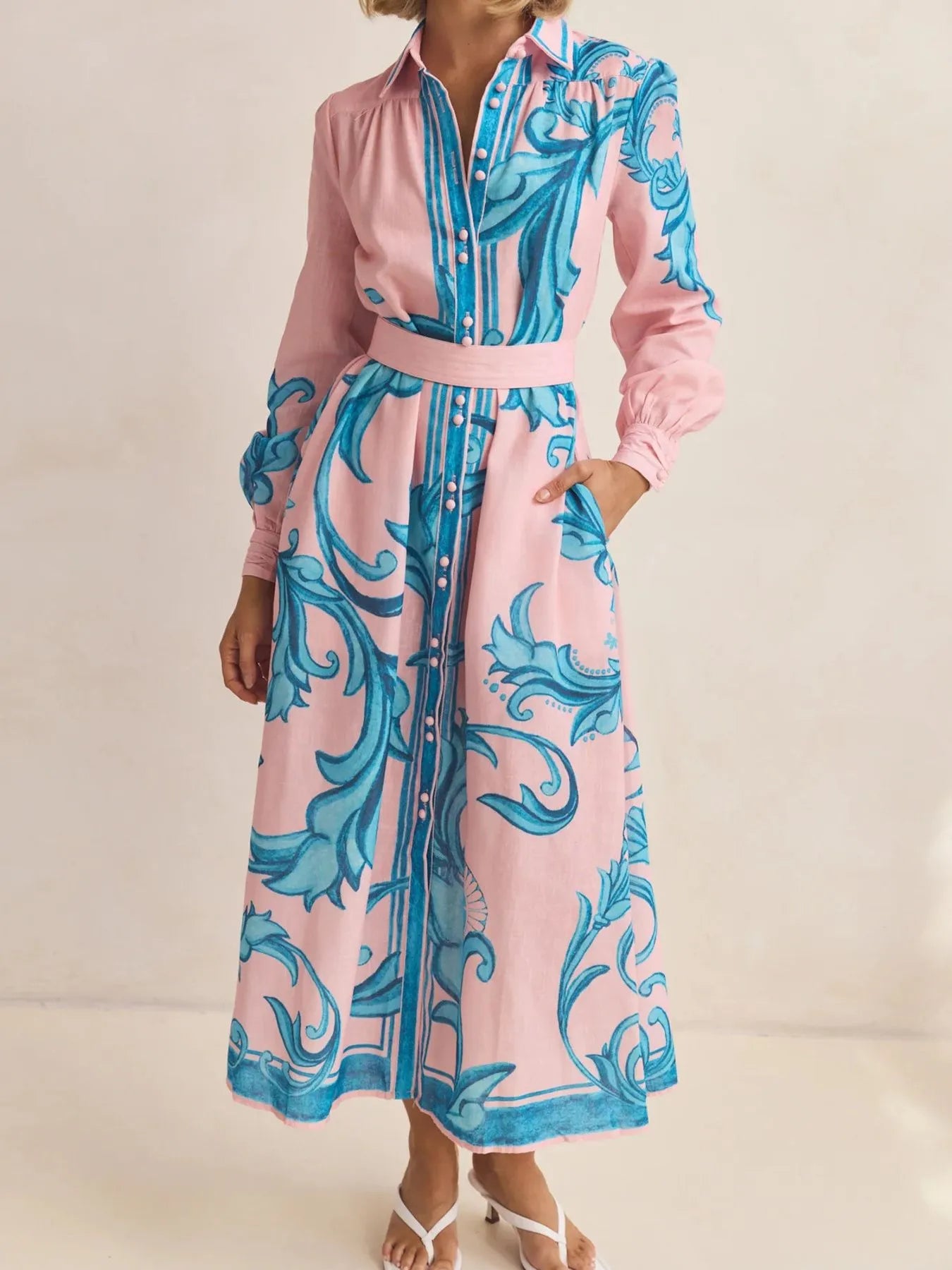 Printed Button Down Belted Shirt Dress