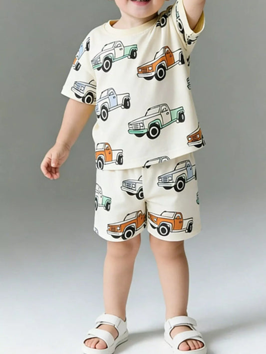 Children's Truck Print Round Neck Tee and Shorts Set
