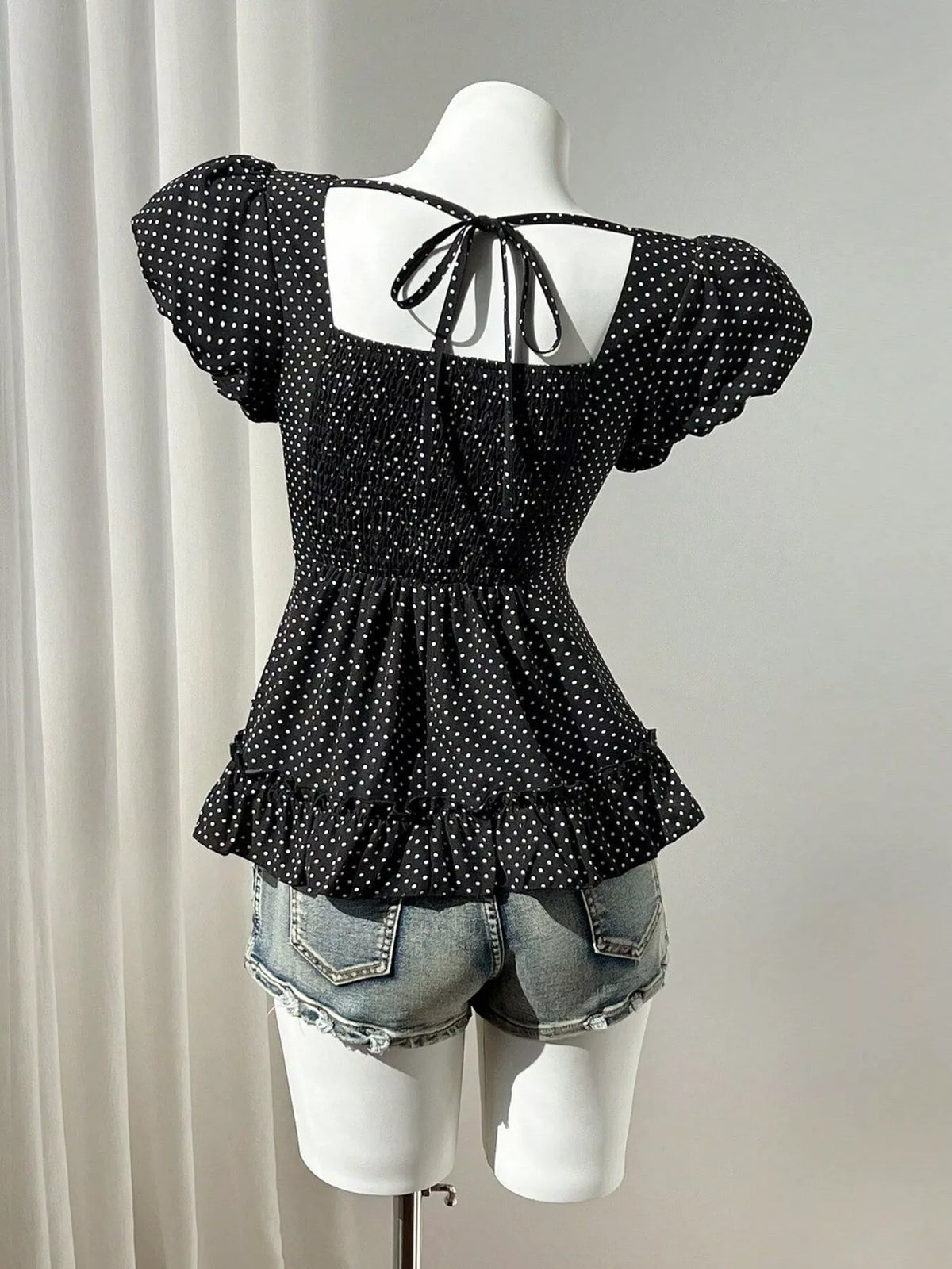 Polka Dot Square Neck Puff Sleeve Peplum Blouse