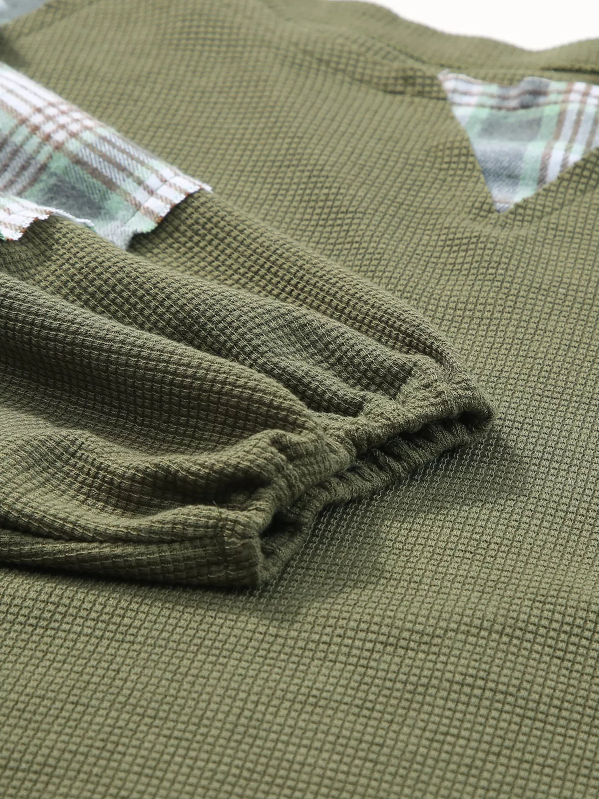 Plaid Patch Waffle Knit Exposed Seam Bubble Sleeve Top