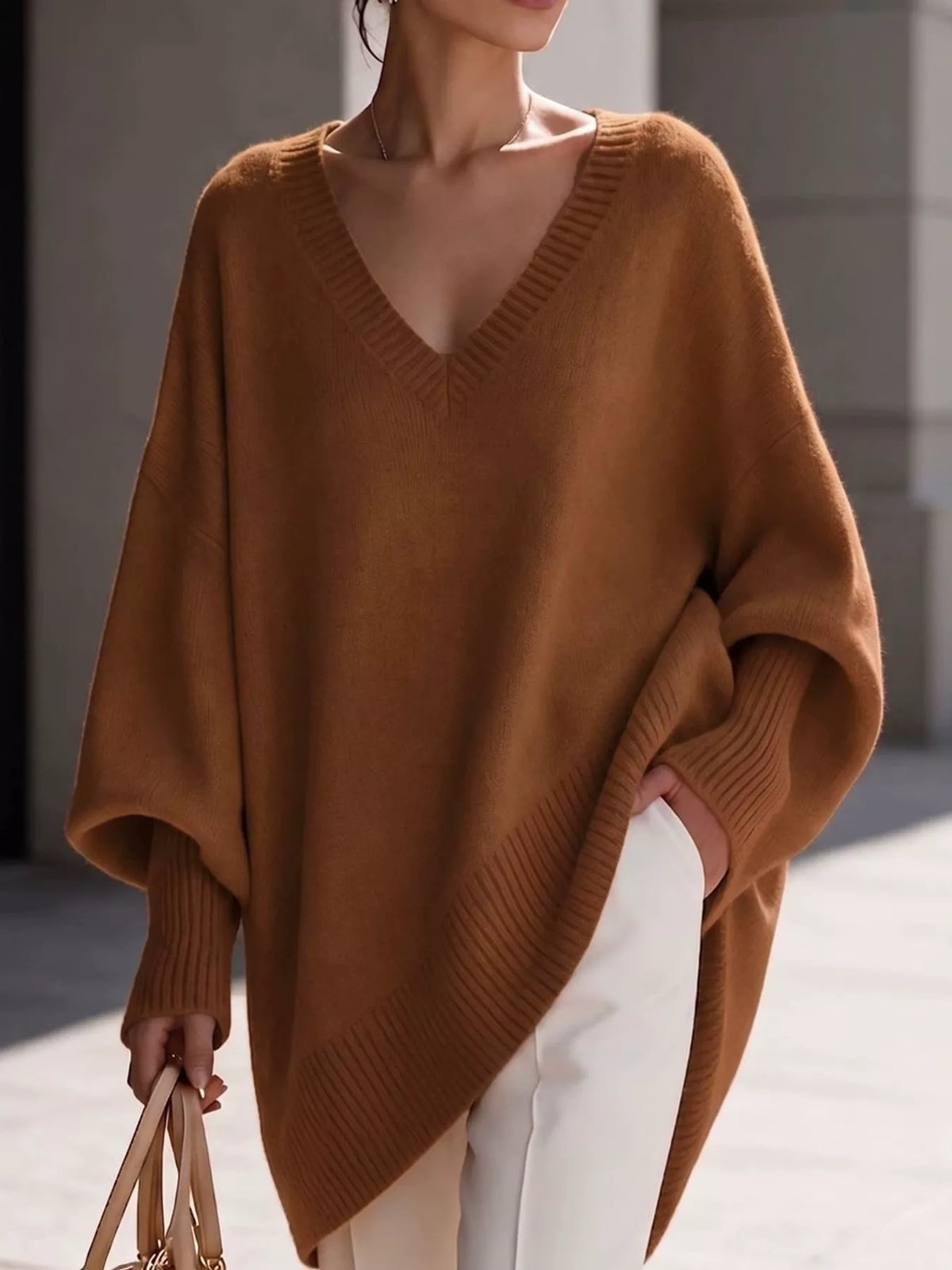 Full Size V-Neck Oversized Batwing Sleeve Sweater Plus Size