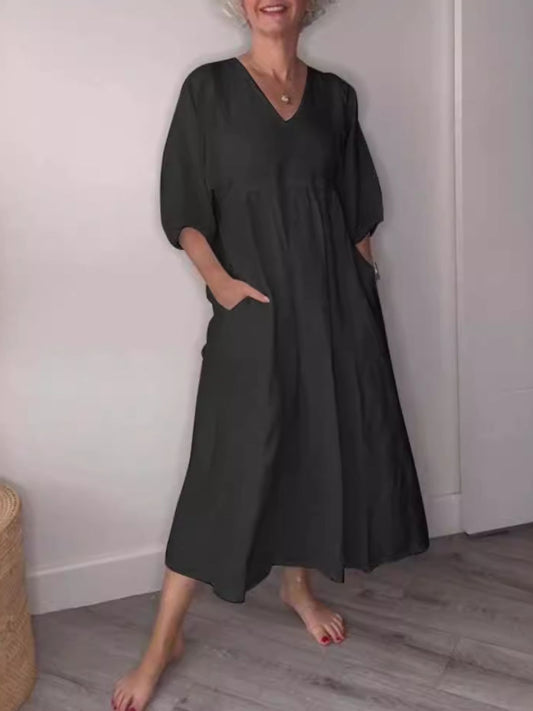 Full Size V-Neck Loose Fit Midi Dress with Pockets Plus Size