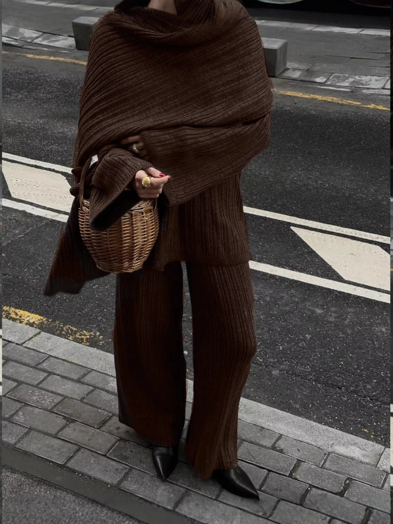 3-Piece Crew Neck Ribbed Sweater and Wide-Leg Pants Set with Scarf