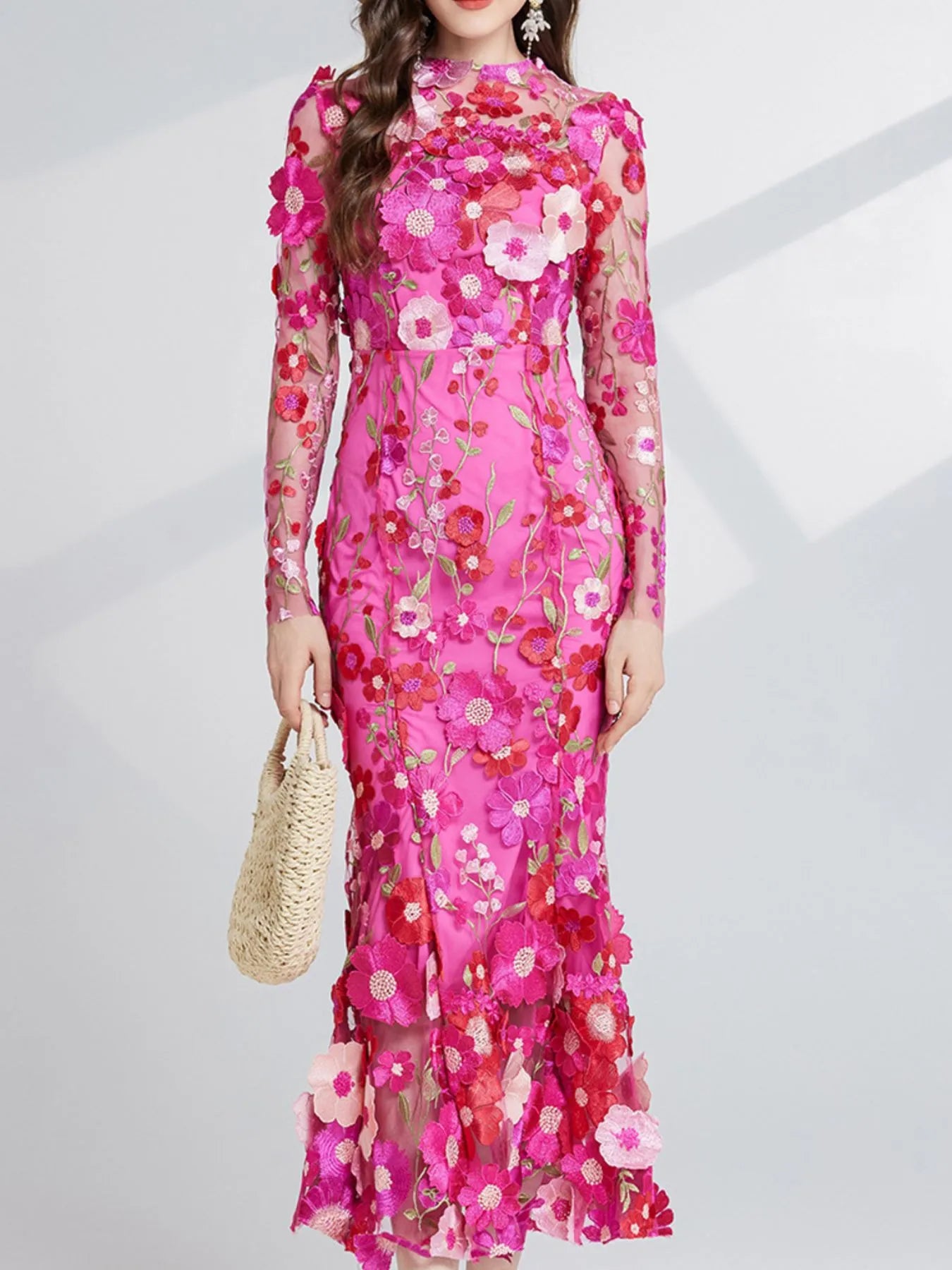 Floral Embroidered Mesh Long Sleeve Midi Dress