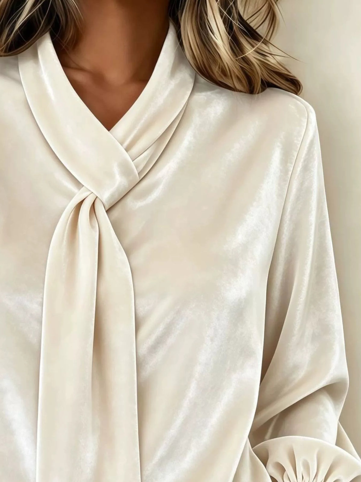 Full Size Velvet Tie-Neck Long Sleeve Top Plus Size