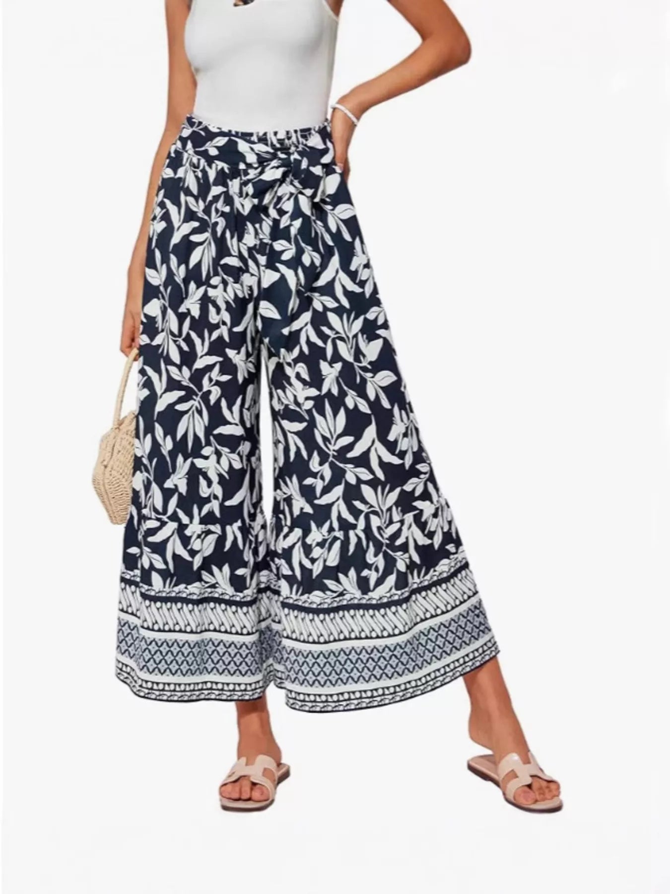 Full Size Tie Waist Wide-Leg Printed Pants Plus Size