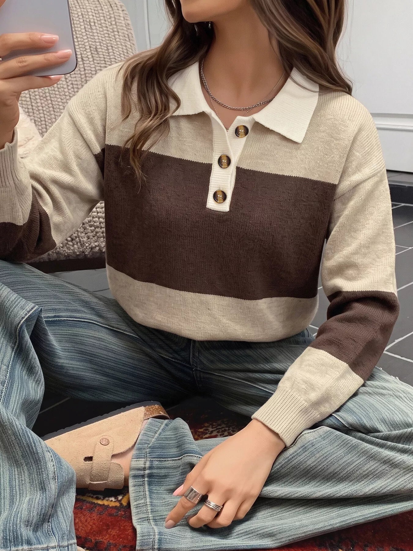 Color Block Polo Collar Sweater
