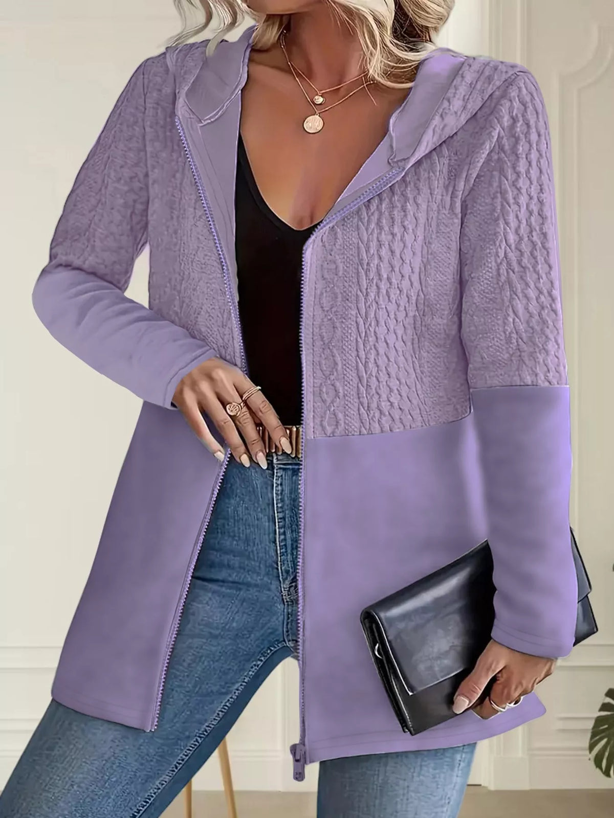 Full Size Textured Hooded Zip-Up Jacket Plus Size