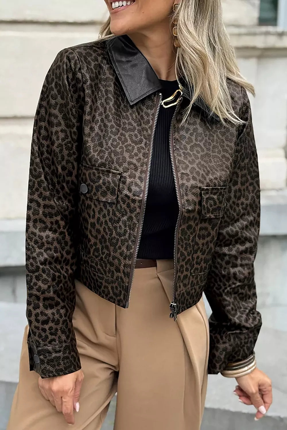 Leopard Print Cropped Faux Leather Jacket with Utility Pockets